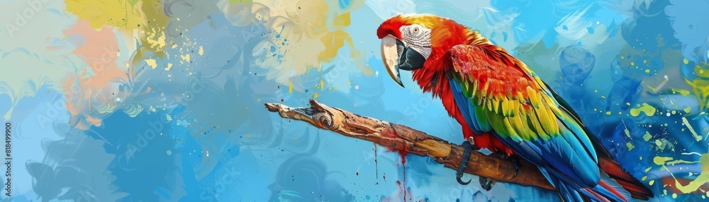 Obraz premium Side view of a vibrant parrot on a branch, intricate feather details, watercolor effect, tropical background, soft shadows, lively and dynamic composition, vivid colors, blue sky