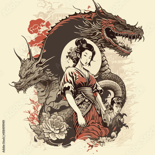 JAPANESE WOMAN GEISHA AND DRAGON BACKGROUND. UNIQUE AND COOL DESIGN AND AI-GENERATED VECTOR FILES - VERY SUITABLE FOR YOUR NEEDS