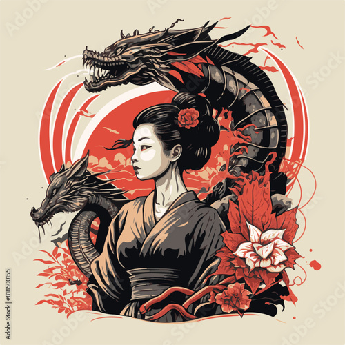 JAPANESE WOMAN GEISHA AND DRAGON BACKGROUND. UNIQUE AND COOL DESIGN AND AI-GENERATED VECTOR FILES - VERY SUITABLE FOR YOUR NEEDS