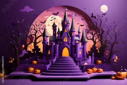 Purple Halloween castle on a podium paper art style design.