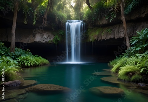 waterfall cascading into a hidden lagoon, generative AI