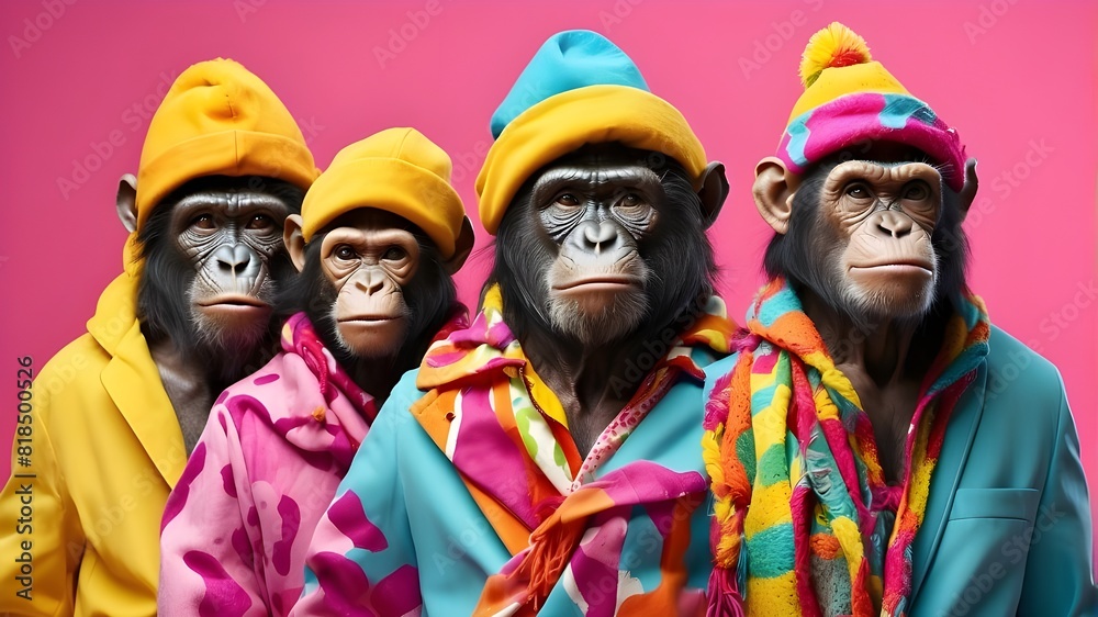 imaginative animal notion. A group of apes dressed in eccentric, wacky, and colorful clothes are isolated against a bright background for an advertisement with copy space. birthday celebration invitat