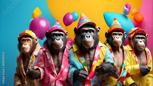 imaginative animal notion. A group of apes dressed in eccentric, wacky, and colorful clothes are isolated against a bright background for an advertisement with copy space. birthday celebration invitat photo