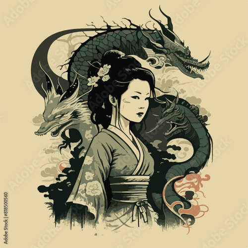 JAPANESE WOMAN GEISHA AND DRAGON BACKGROUND. UNIQUE AND COOL DESIGN AND AI-GENERATED VECTOR FILES - VERY SUITABLE FOR YOUR NEEDS