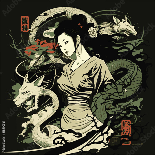 JAPANESE WOMAN GEISHA AND DRAGON BACKGROUND. UNIQUE AND COOL DESIGN AND AI-GENERATED VECTOR FILES - VERY SUITABLE FOR YOUR NEEDS