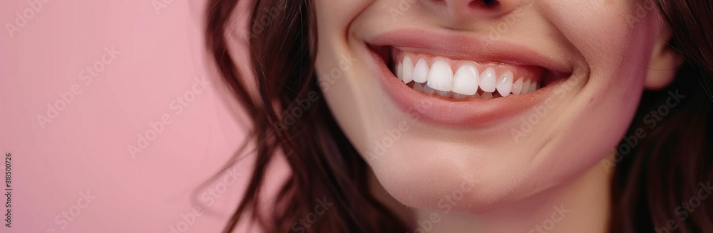 Obraz premium Beautiful smile with white teeth for tooth whitening on pink background, close up beauty concept