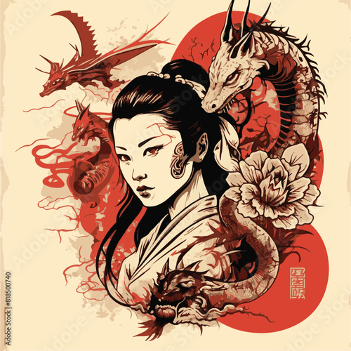 JAPANESE WOMAN GEISHA AND DRAGON BACKGROUND. UNIQUE AND COOL DESIGN AND AI-GENERATED VECTOR FILES - VERY SUITABLE FOR YOUR NEEDS