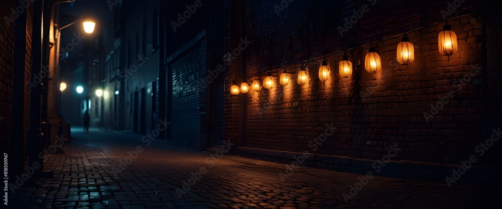 Dark street, old brick wall decorated with night lanterns. Empty street scene, neon light. Night view, blurred abstract bokeh light.