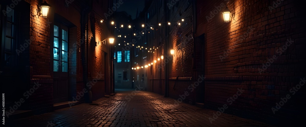 Dark street, old brick wall decorated with night lanterns. Empty street scene, neon light. Night view, blurred abstract bokeh light.