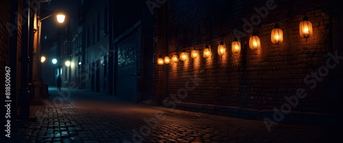Dark street, old brick wall decorated with night lanterns. Empty street scene, neon light. Night view, blurred abstract bokeh light.
