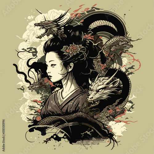 JAPANESE WOMAN GEISHA AND DRAGON BACKGROUND. UNIQUE AND COOL DESIGN AND AI-GENERATED VECTOR FILES - VERY SUITABLE FOR YOUR NEEDS