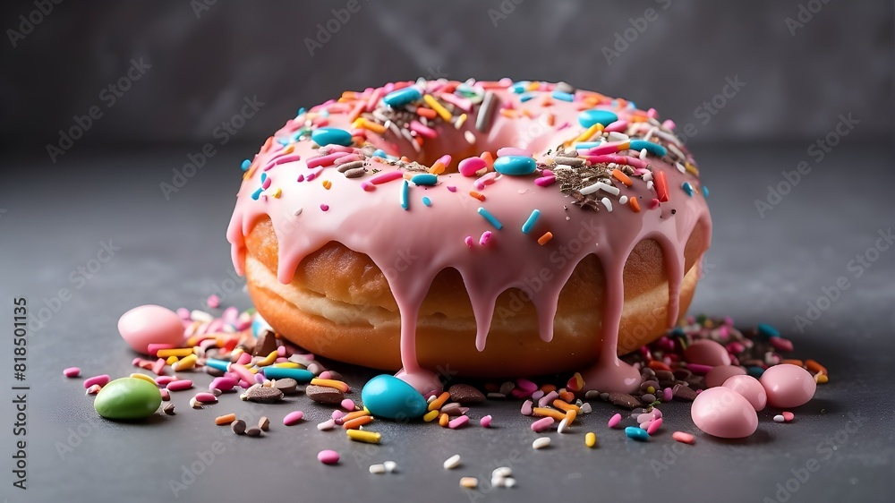 inventive culinary idea. A donut doughnut with a pink frosted icing and colorful sprinkles on a concrete background adorned with coated chocolate candy.