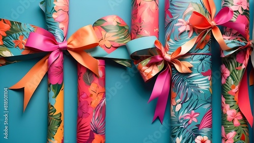 innovative idea for a product. Wrapping paper for gifts strung with ribbon bows in a colorful row seamless of rolling tropical floral prints with vibrant colors and graphic patterns.