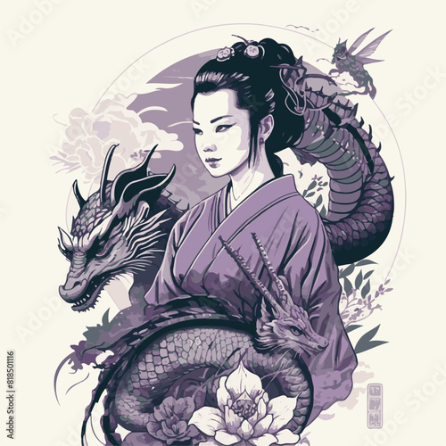 JAPANESE WOMAN GEISHA AND DRAGON BACKGROUND. UNIQUE AND COOL DESIGN AND AI-GENERATED VECTOR FILES - VERY SUITABLE FOR YOUR NEEDS