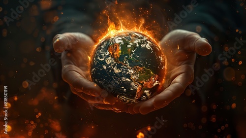hands holding earth globe burning into flames america destroyed by fire conceptual illustration of global warming temperature increase on planet extreme heat.illustration