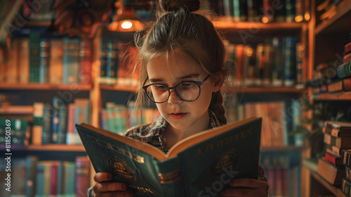 A young girl with glasses intently reading a book in a cozy library, surrounded by shelves filled with books, emphasizing the importance of reading and literacy in education