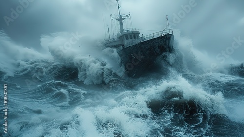 boat in distress a ship sailing in the storm on a rough sea about to sink a clearing in the sky could prevent it from disaster.illustration
