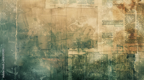 A vintage grunge background with faded hues and old newspaper prints, perfect for retro-themed designs photo
