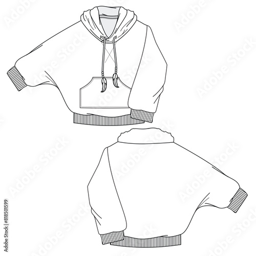 Oversized cowl neck hoodie front and back view flat drawing vector template