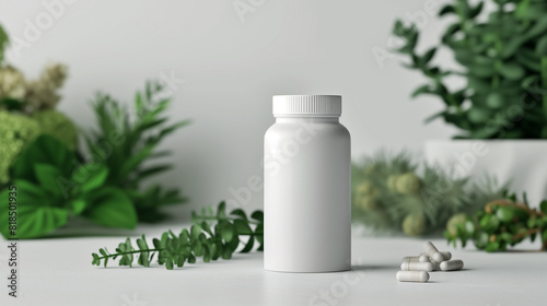 A white bottle with a closed lid, surrounded by greyish-white capsules on a clean surface. In the background, lush green plants add a touch of natural freshness. To advertise supplements or medication © evastar