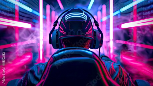 Streamer professional gamer playing online games computer  neon color