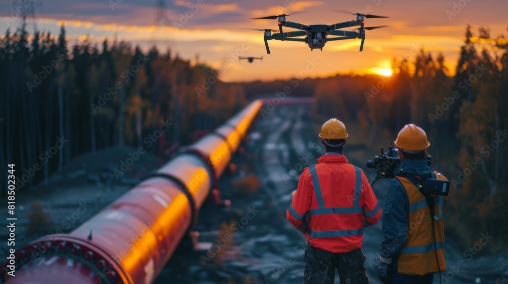 Detailed view of a gas pipeline inspection, with drones flying overhead