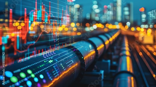 Double exposure of a gas pipeline overlaid with investment data and business finance charts