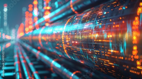 Double exposure of a gas pipeline overlaid with investment data and business finance charts