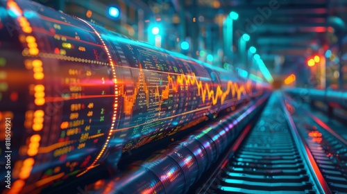 Double exposure of an oil pipeline overlaid with stock market trends and research data