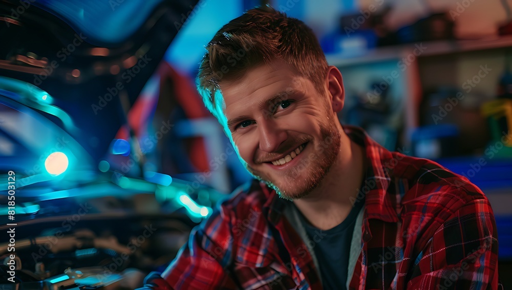 Obraz premium Happy Mechanic at Car Repair Shop: Close-up Portrait of Smiling Young Man 