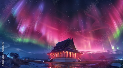 Complementary pink aurora bathed in sky of countryside of Thailand, Thai traditional temple. Generative AI. © visoot