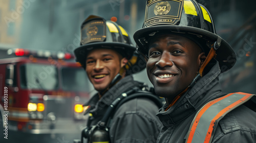 The dangerous profession of a firefighter. Two happy firefighters, one of whom is black, smile and pose for a photo