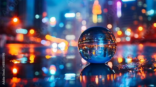 A glass ball with a reflection of a blurred night city lights in it on a reflective surface with a blurry background. photo