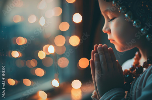 A closeup of the child's hands, holding rosary beads and clasped together in prayer, with their eyes closed as they meditate on divine energy