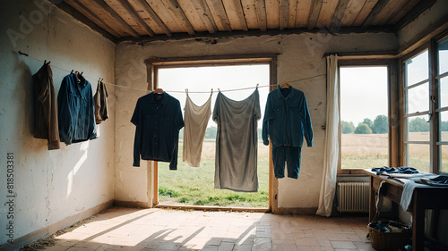 AI image generate farm house landscaping, clothes on the drying rack photo
