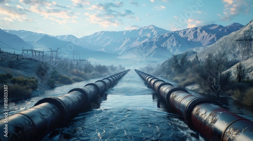 High-detail photo of a gas pipeline crossing a river with an impressive bridge structure