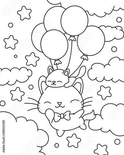 Flying cats with balloons. Coloring book