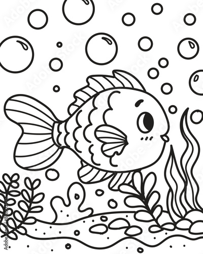 Cute fish and bubbles. Coloring book
