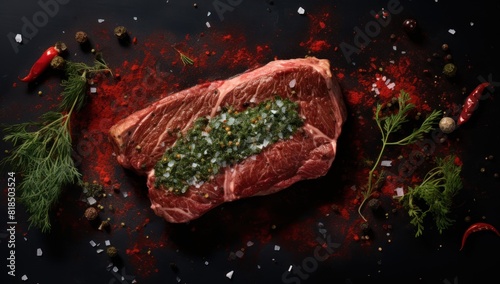 steak on top of spices on a table, in the style of dark green and dark crimson, lively and energetic, clear edge definition, dotted, stercore, streaked photo