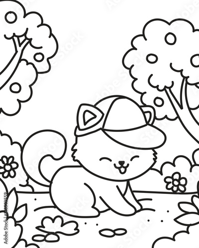 A cute cat with a hat. Coloring book
