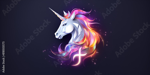 Light neon style art portrait of a Unicorn fantasy magical whimsical contemporary on black background 