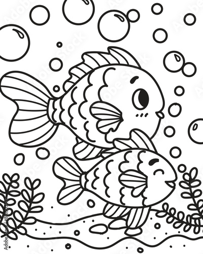 Cute fishes and bubbles. Coloring book
