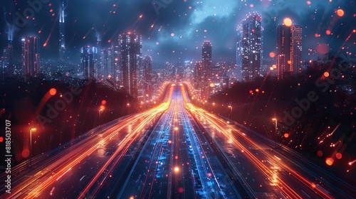 abstract background of high speed global data transfer and super fast broadband in futuristic tech city at night illustration.illustration stock photo