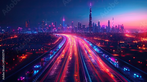 abstract background of high speed global data transfer and super fast broadband in futuristic tech city at night illustration.illustration