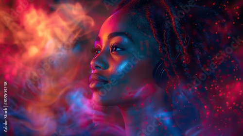 african woman wearing headphones enjoying music flow feeling emotions in vibrant color vibes colorful dynamic sound waves and abstract digital light effects covering her hair.stock photo