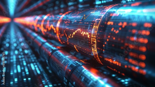 High-detail photo of an oil pipeline with stock market graphs and research data