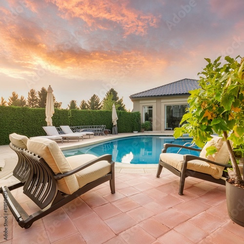 Photo of a luxurious backyard oasis with a sparkling pool and comfortable patio furniture © Jean