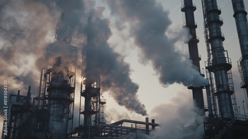 Toxic chemical emissions into the atmosphere. View of an industrial plant, from which thick smoke is billowing Toxic chemical emissions into the atmosphere. View of an industrial plant, from which thick smoke is billowing