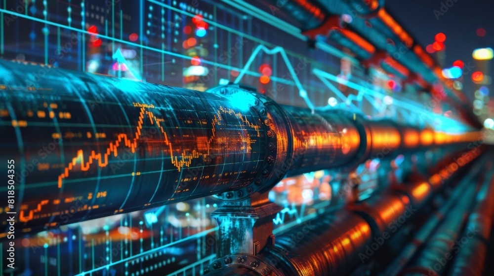 Oil pipeline engineers working, combined with business finance charts and stock market data Oil pipeline engineers working, combined with business finance charts and stock market data