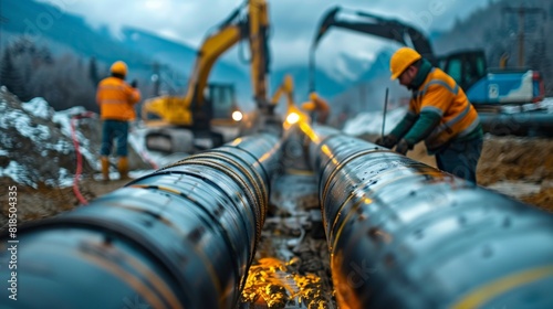 Oil pipeline construction site with workers welding pipes and heavy machinery in the background